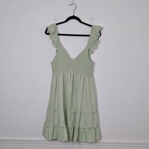 May Berries Linen Midi Dress Sz L Smocked Tiered Skirt Eyelet Lace Cottagecore